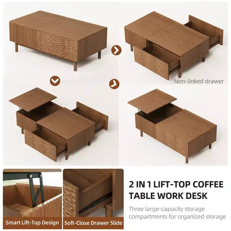 Modern Fluted Lift-Top Coffee Table with Hidden Storage & Artisan-Textured Drawers, Walnut