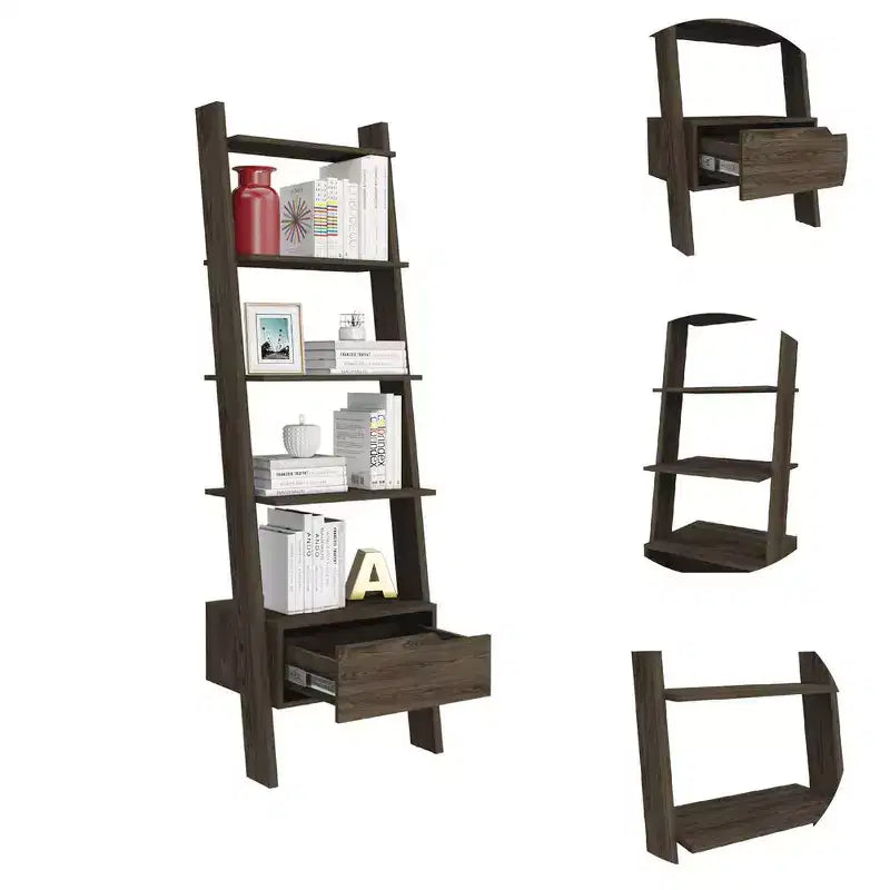 Ladder Bookcase with 5 Shelves & Drawer, Dark Walnut