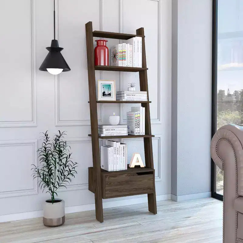 Ladder Bookcase with 5 Shelves & Drawer, Dark Walnut