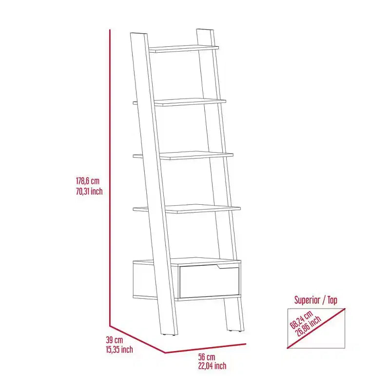 Ladder Bookcase with 5 Shelves & Drawer, Dark Walnut