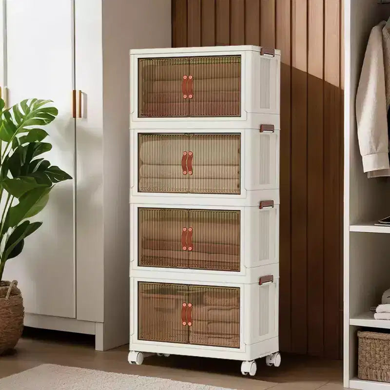 4-Tier Stackable Foldable Storage Bins with Wheels & Double Doors