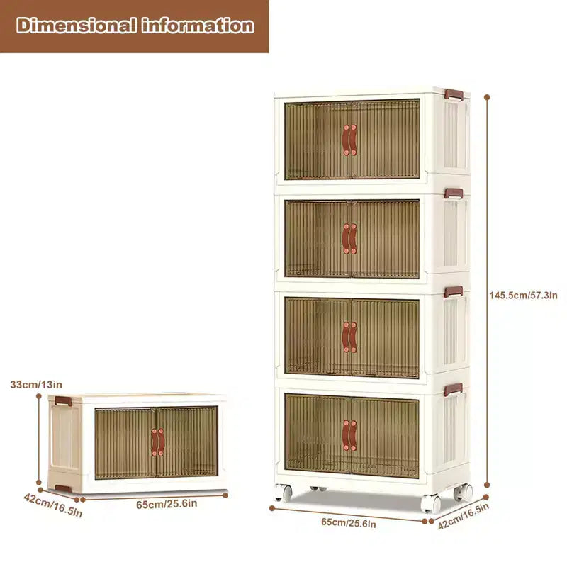 4-Tier Stackable Foldable Storage Bins with Wheels & Double Doors