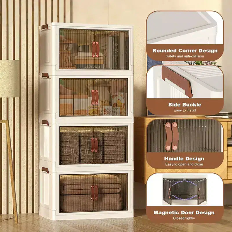 4-Tier Stackable Foldable Storage Bins with Wheels & Double Doors