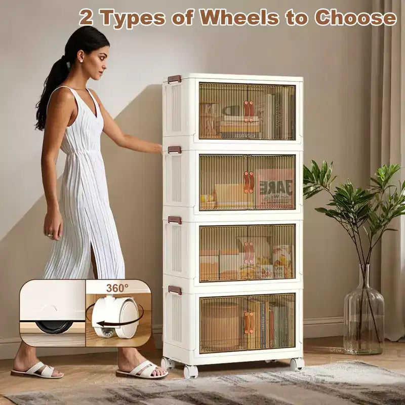 4-Tier Stackable Foldable Storage Bins with Wheels & Double Doors