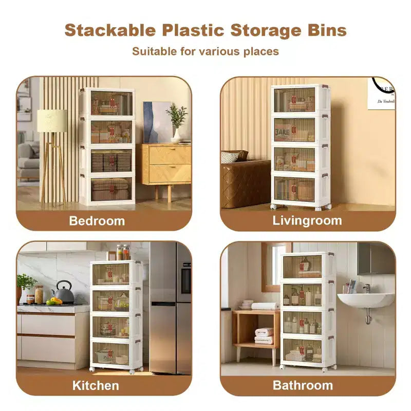 4-Tier Stackable Foldable Storage Bins with Wheels & Double Doors