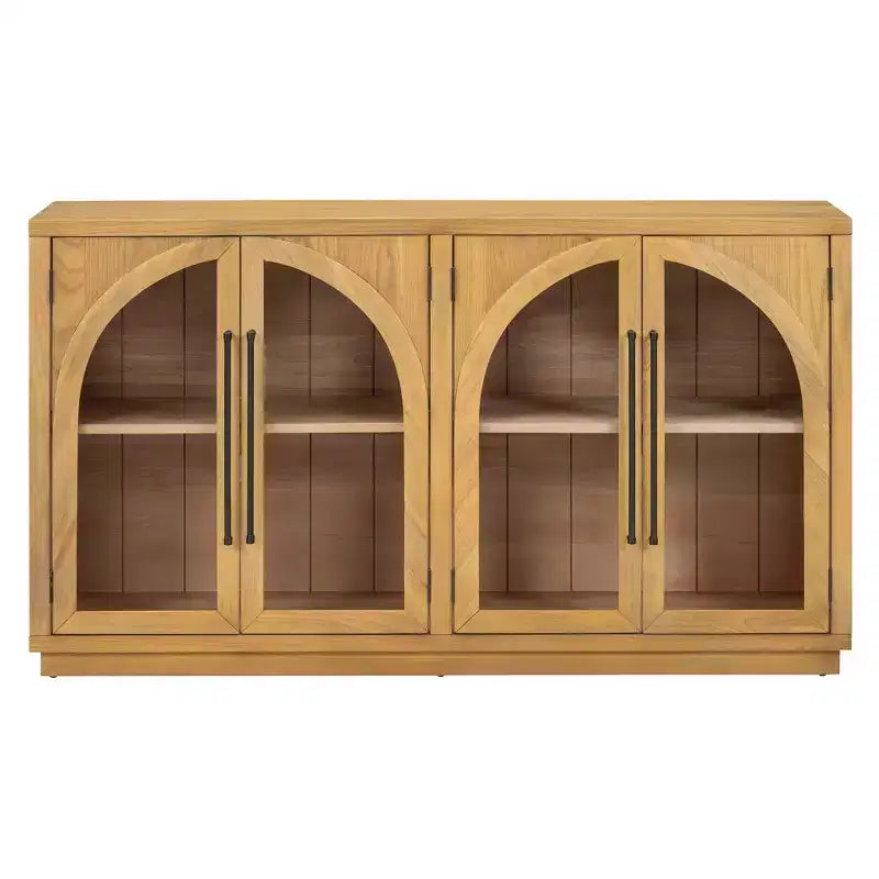 4-Door Sideboard Buffet Cabinet with Glass Doors & Adjustable Shelves, Natural Wood