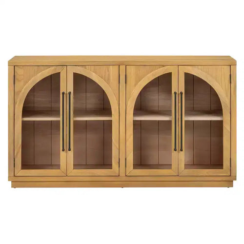 4-Door Sideboard Buffet Cabinet with Glass Doors & Adjustable Shelves, Natural Wood