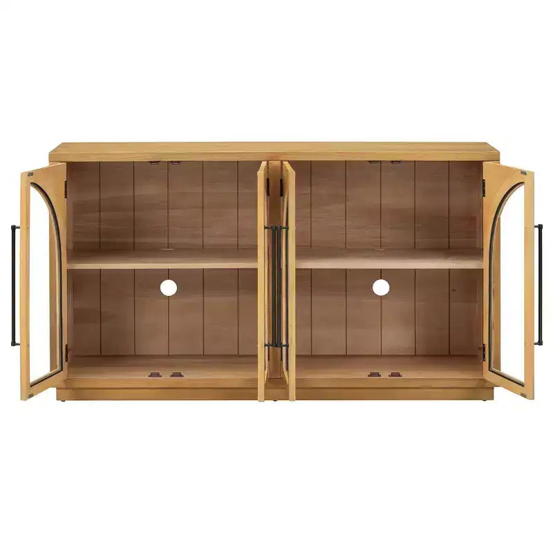 4-Door Sideboard Buffet Cabinet with Glass Doors & Adjustable Shelves, Natural Wood
