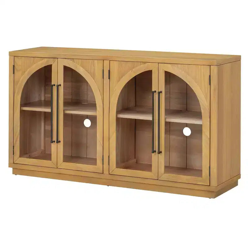 4-Door Sideboard Buffet Cabinet with Glass Doors & Adjustable Shelves, Natural Wood