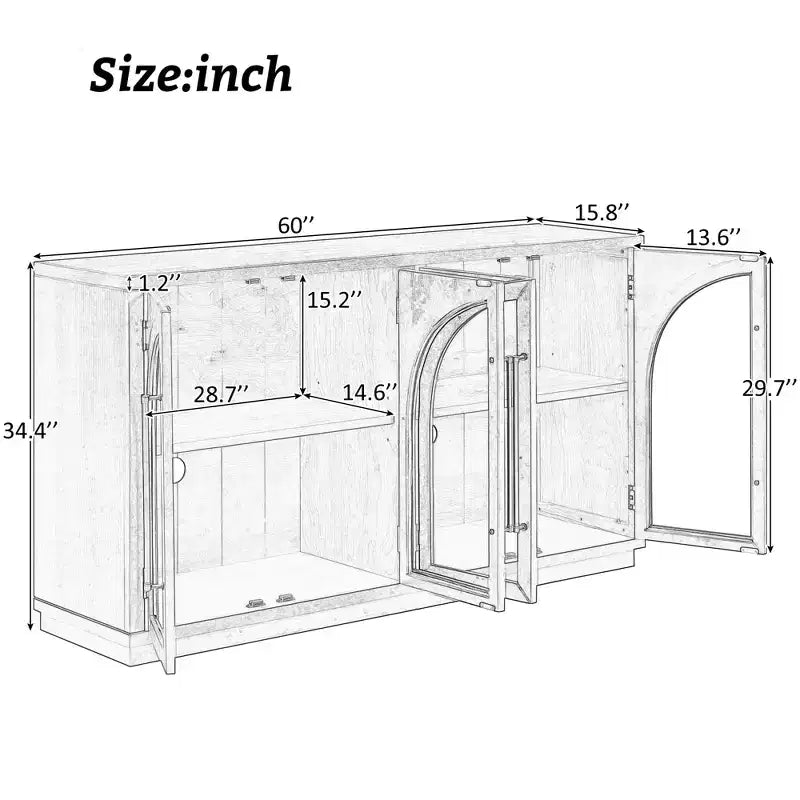 4-Door Sideboard Buffet Cabinet with Glass Doors & Adjustable Shelves, Natural Wood