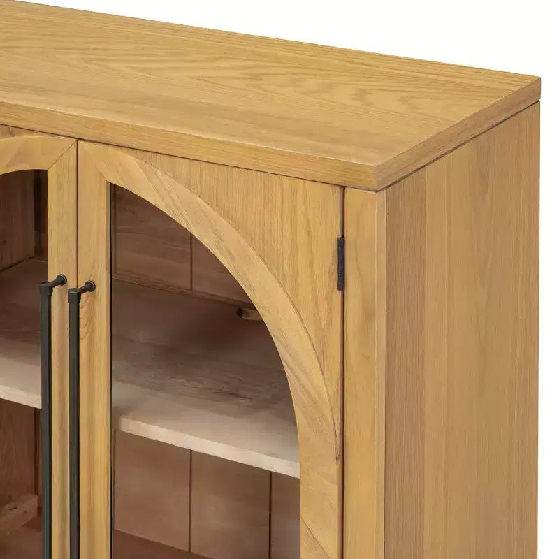 4-Door Sideboard Buffet Cabinet with Glass Doors & Adjustable Shelves, Natural Wood