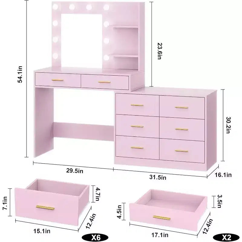 61" Pink Makeup Vanity Desk with Mirror, 8 Wide Drawers, 2-Tier Shelves & 3-Mode Lighting