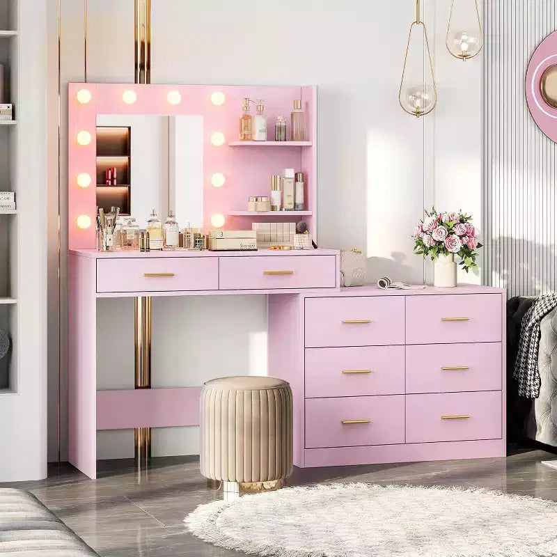 61" Pink Makeup Vanity Desk with Mirror, 8 Wide Drawers, 2-Tier Shelves & 3-Mode Lighting