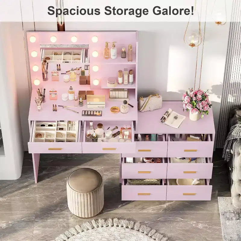 61" Pink Makeup Vanity Desk with Mirror, 8 Wide Drawers, 2-Tier Shelves & 3-Mode Lighting