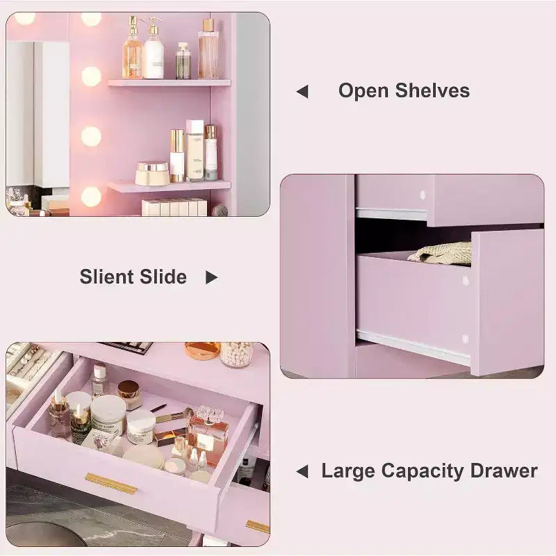 61" Pink Makeup Vanity Desk with Mirror, 8 Wide Drawers, 2-Tier Shelves & 3-Mode Lighting