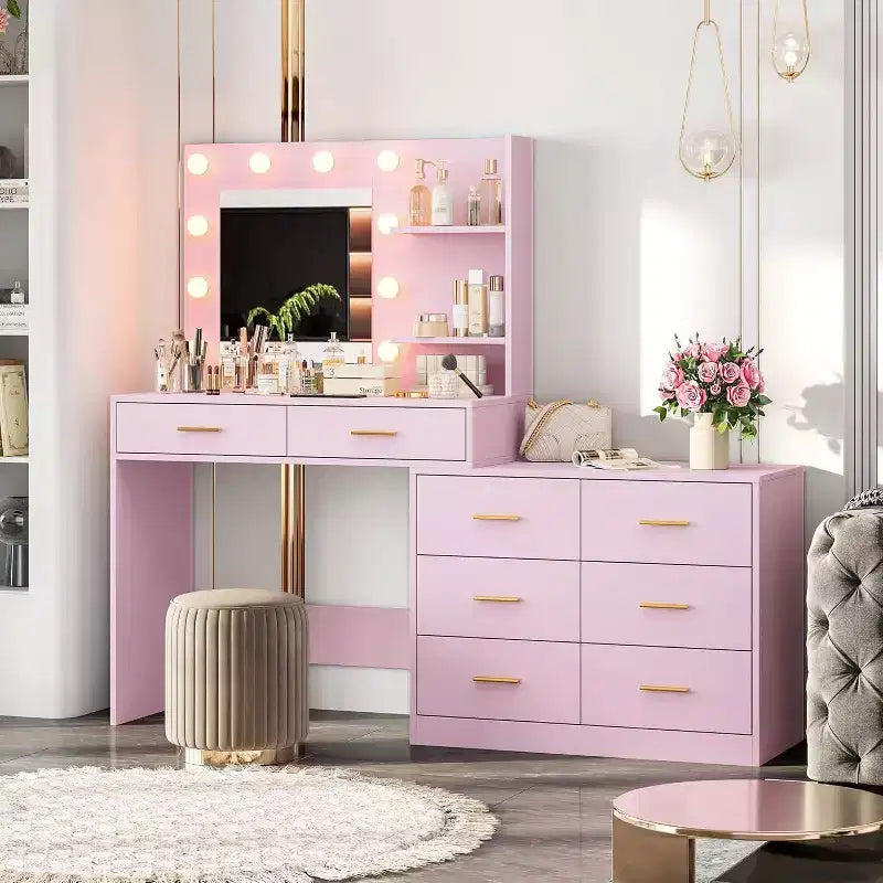 61" Pink Makeup Vanity Desk with Mirror, 8 Wide Drawers, 2-Tier Shelves & 3-Mode Lighting