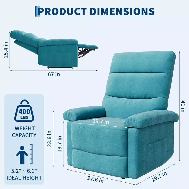 Fabric Manual Recliner with Side Pocket & Ergonomic Back Support