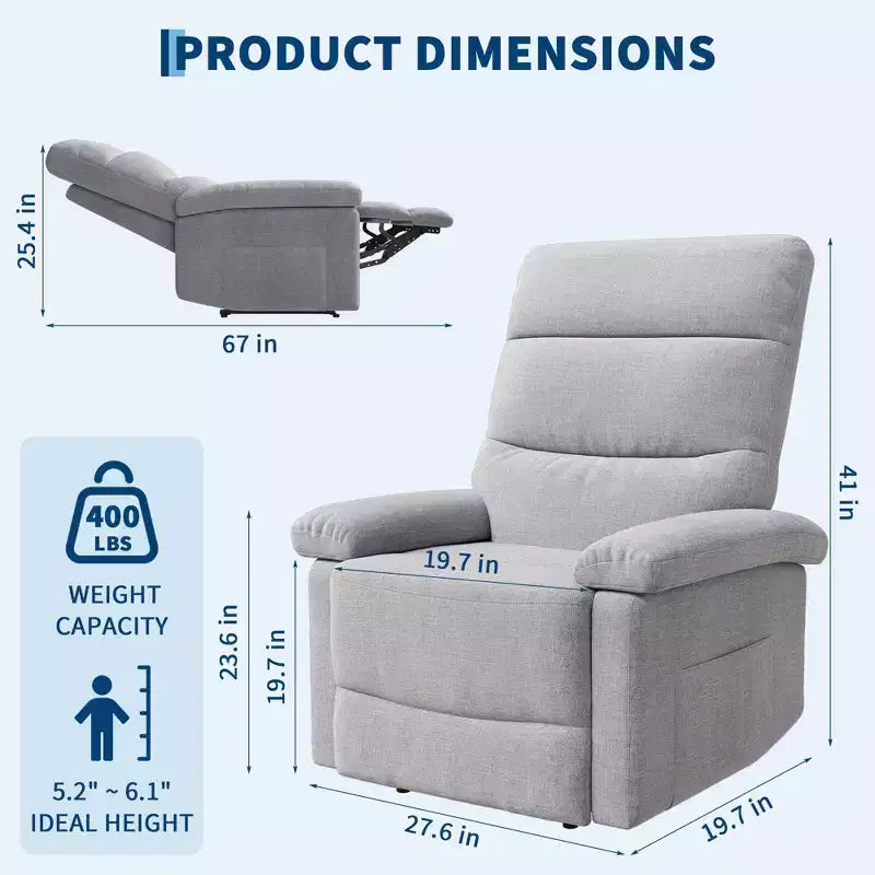 Fabric Manual Recliner with Side Pocket & Ergonomic Back Support