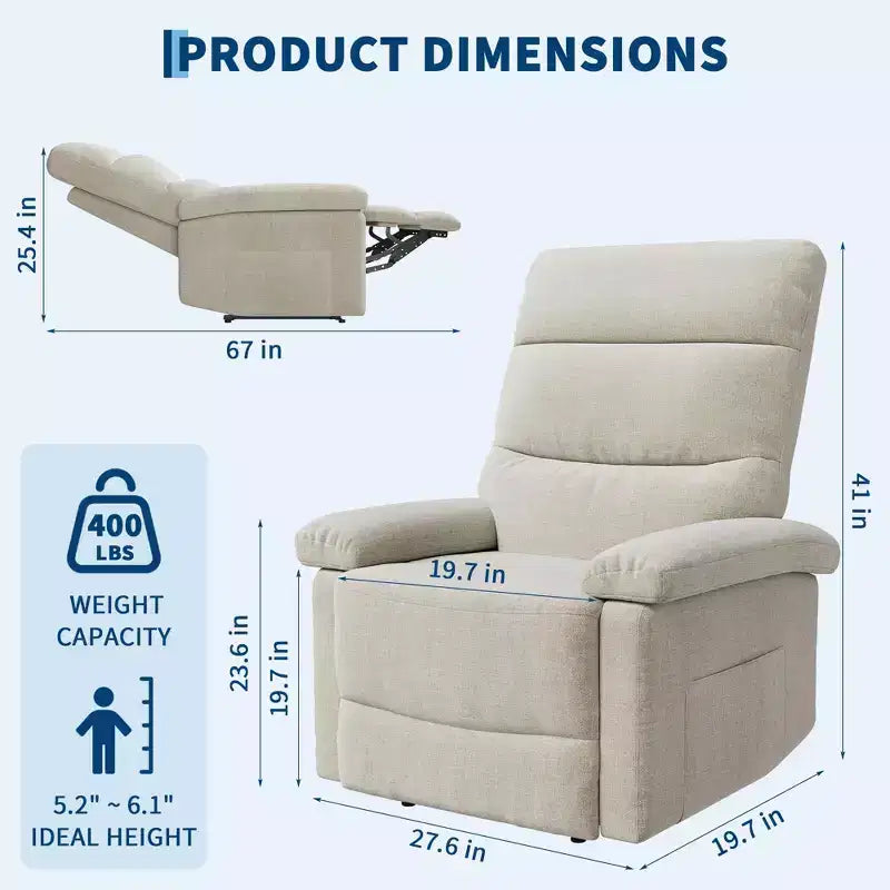 Fabric Manual Recliner with Side Pocket & Ergonomic Back Support