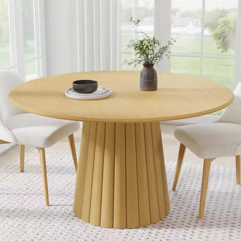 52" Round Wood Dining Table for 4-6, Arc-Shaped Edge & Textured Tapered Base, Natural