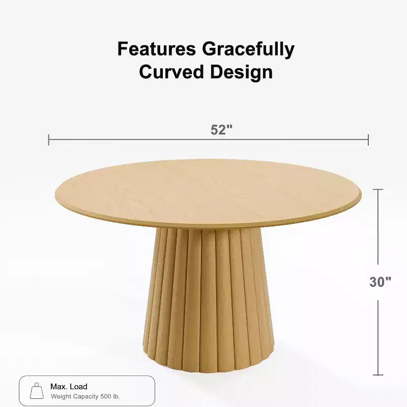 52" Round Wood Dining Table for 4-6, Arc-Shaped Edge & Textured Tapered Base, Natural