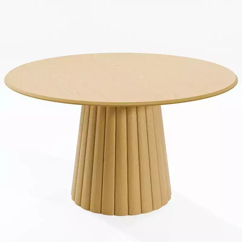 52" Round Wood Dining Table for 4-6, Arc-Shaped Edge & Textured Tapered Base, Natural