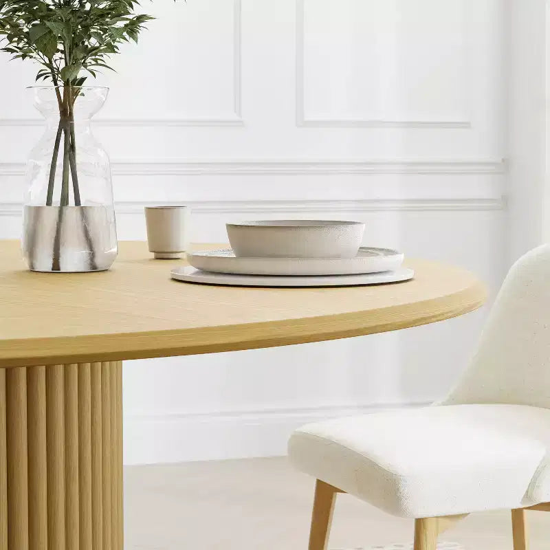52" Round Wood Dining Table for 4-6, Arc-Shaped Edge & Textured Tapered Base, Natural