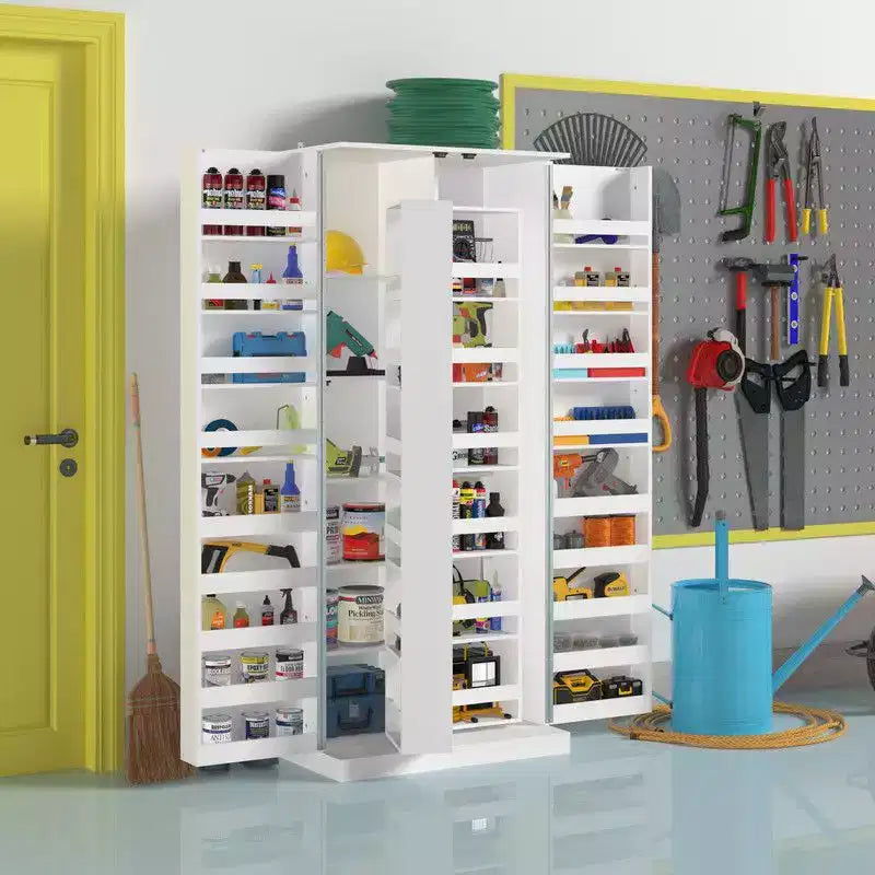 Garage Storage Cabinet with Rotating Shelves & Door Compartments, Multi-Layer Organizer