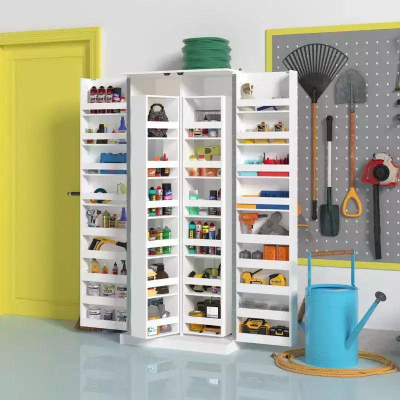 Garage Storage Cabinet with Rotating Shelves & Door Compartments, Multi-Layer Organizer