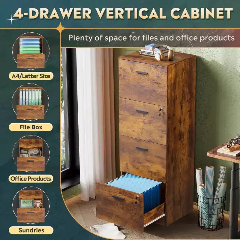 4-Drawer Vertical File Cabinet with Lock - Wood Storage Organizer for Home Office