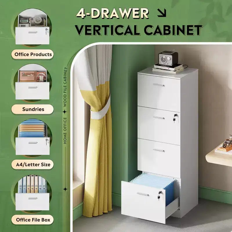 4-Drawer Vertical File Cabinet with Lock - Wood Storage Organizer for Home Office