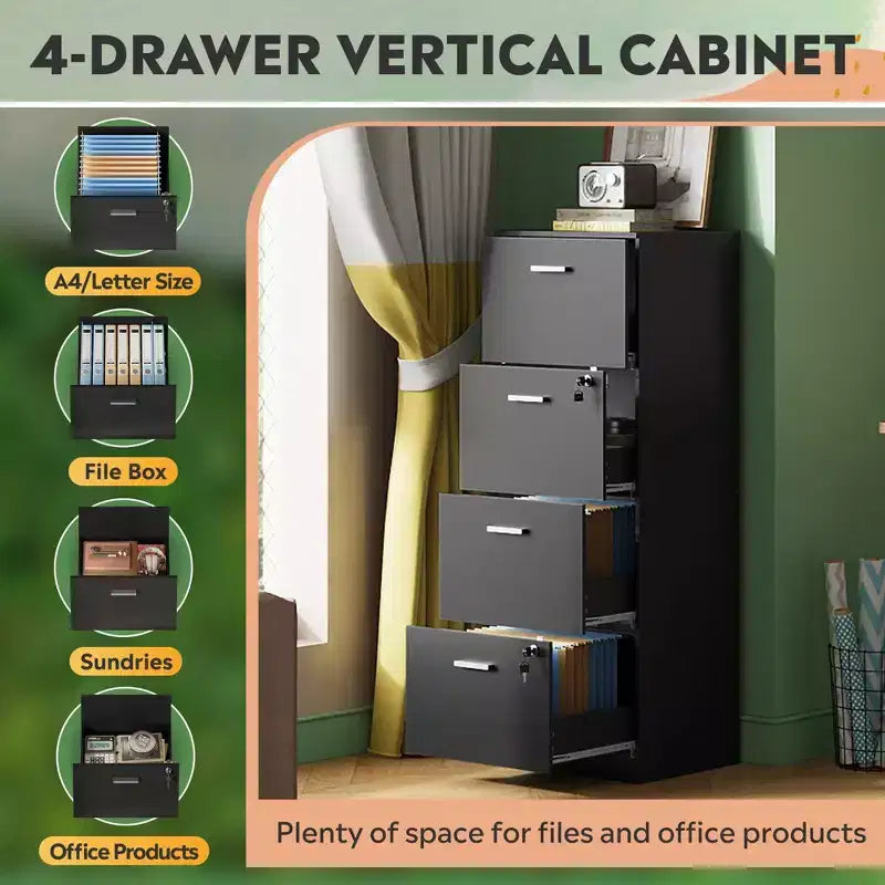 4-Drawer Vertical File Cabinet with Lock - Wood Storage Organizer for Home Office
