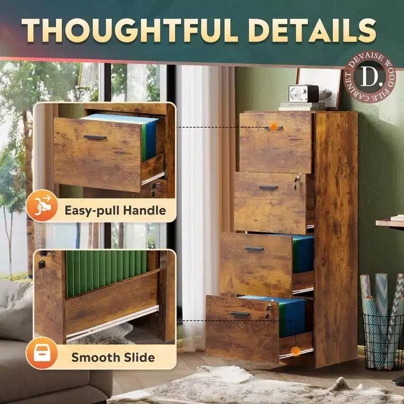 4-Drawer Vertical File Cabinet with Lock - Wood Storage Organizer for Home Office