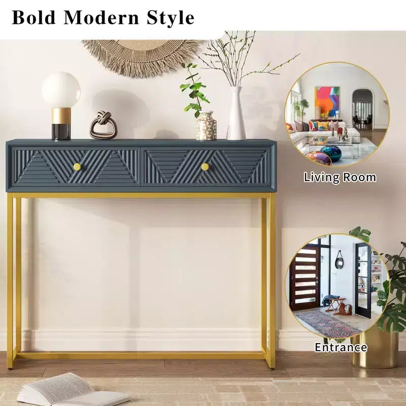 Modern Console Table with Golden Legs and 2 Drawers