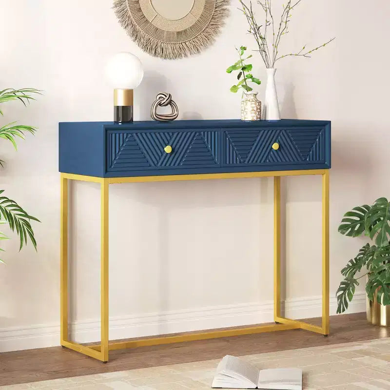 Modern Console Table with Golden Legs and 2 Drawers