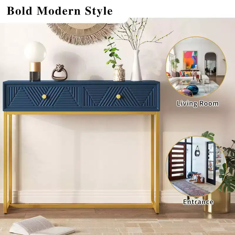Modern Console Table with Golden Legs and 2 Drawers
