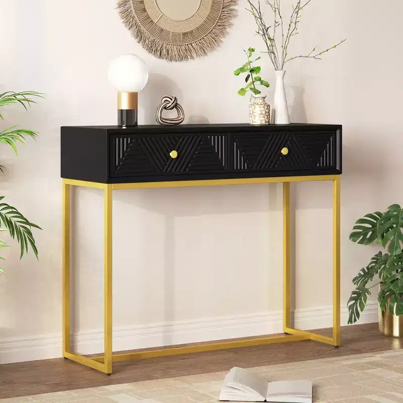 Modern Console Table with Golden Legs and 2 Drawers
