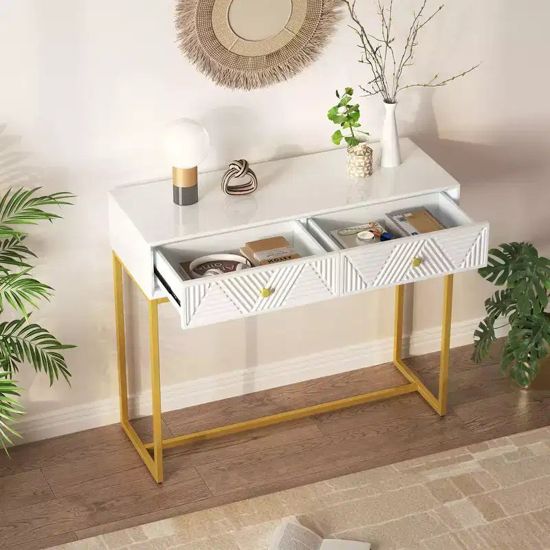 Modern Console Table with Golden Legs and 2 Drawers
