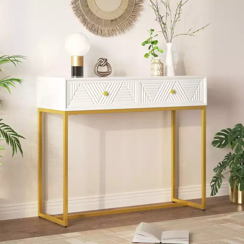 Modern Console Table with Golden Legs and 2 Drawers