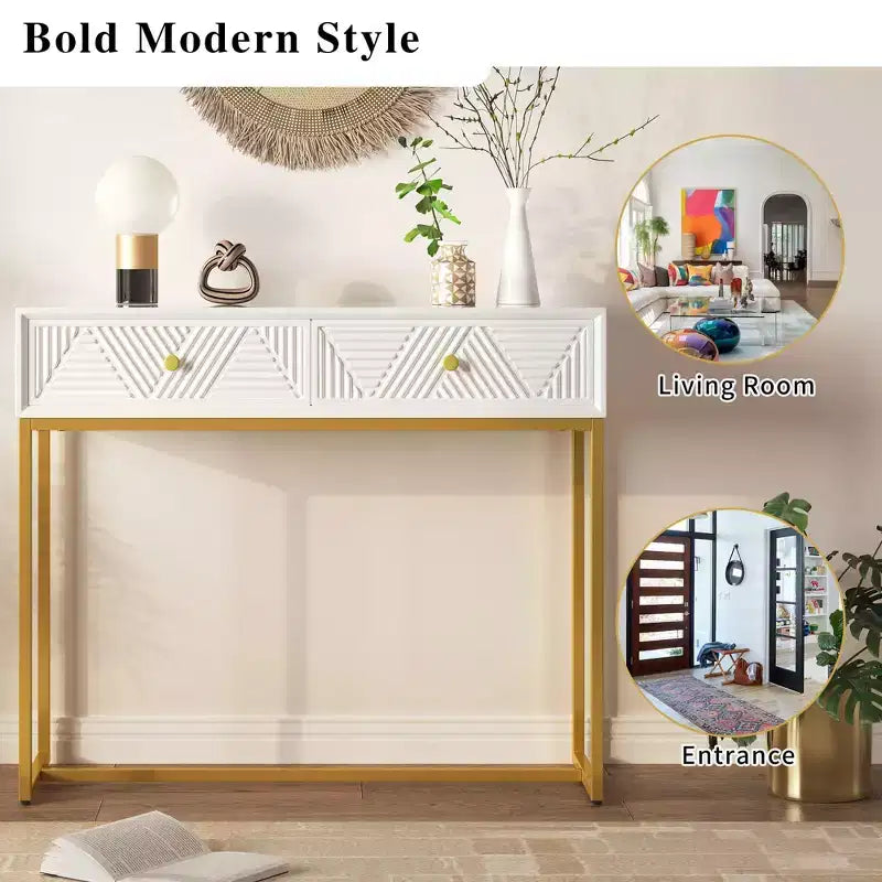 Modern Console Table with Golden Legs and 2 Drawers