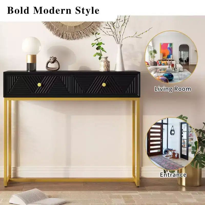 Modern Console Table with Golden Legs and 2 Drawers