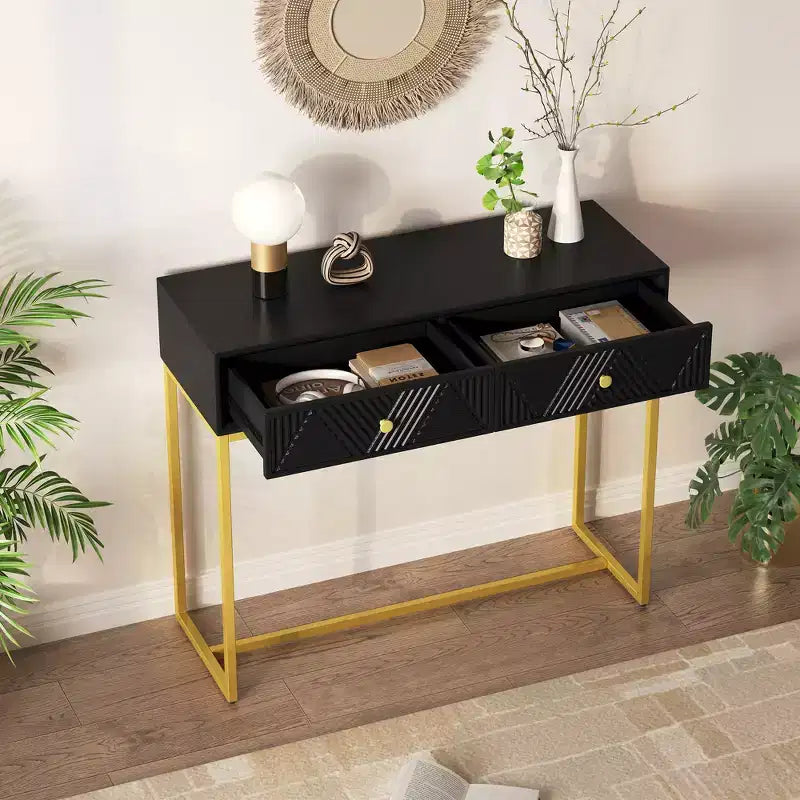 Modern Console Table with Golden Legs and 2 Drawers