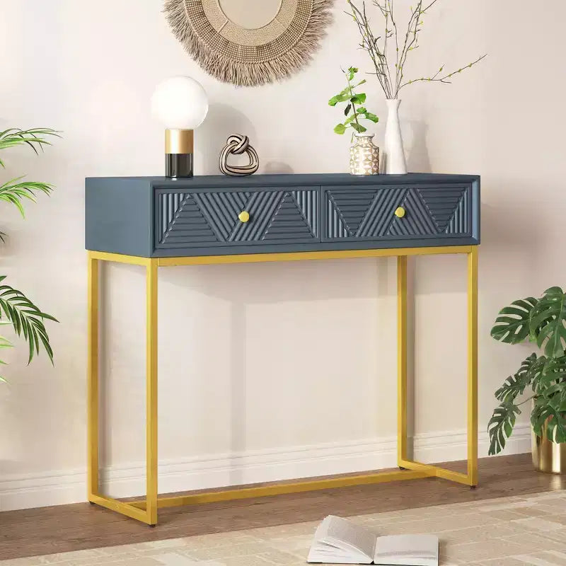 Modern Console Table with Golden Legs and 2 Drawers