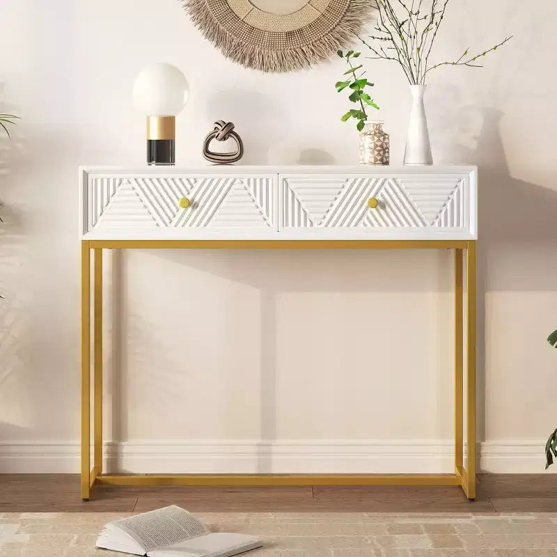 Modern Console Table with Golden Legs and 2 Drawers