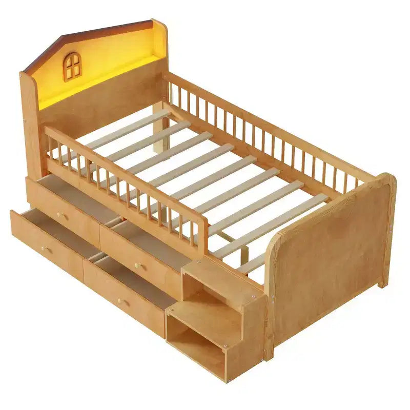 Low Twin Loft Bed with LED Lights, House Shape Headboard & Storage Drawers
