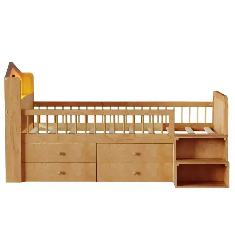 Low Twin Loft Bed with LED Lights, House Shape Headboard & Storage Drawers
