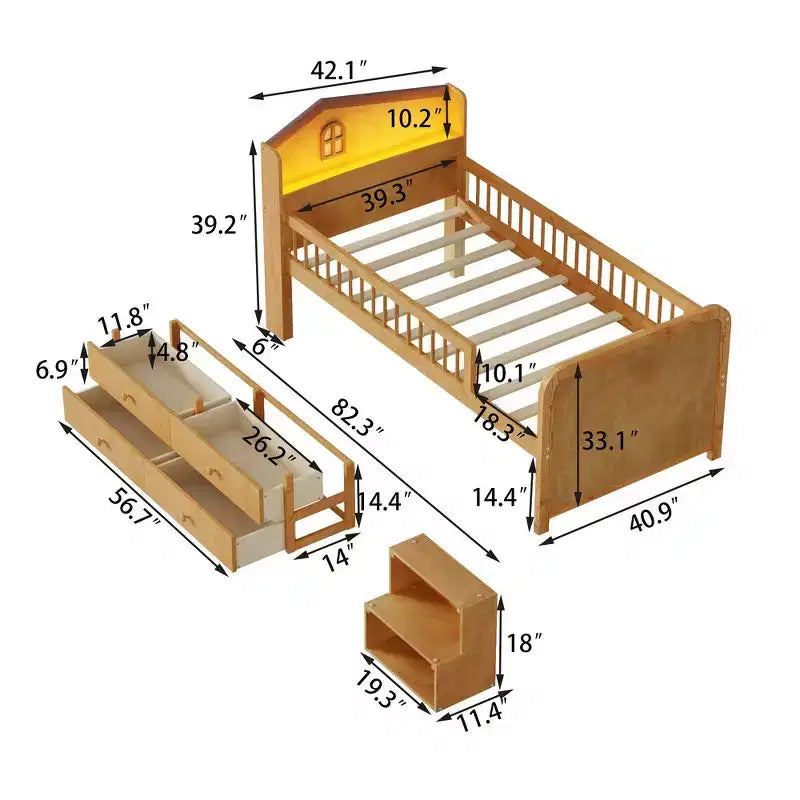 Low Twin Loft Bed with LED Lights, House Shape Headboard & Storage Drawers