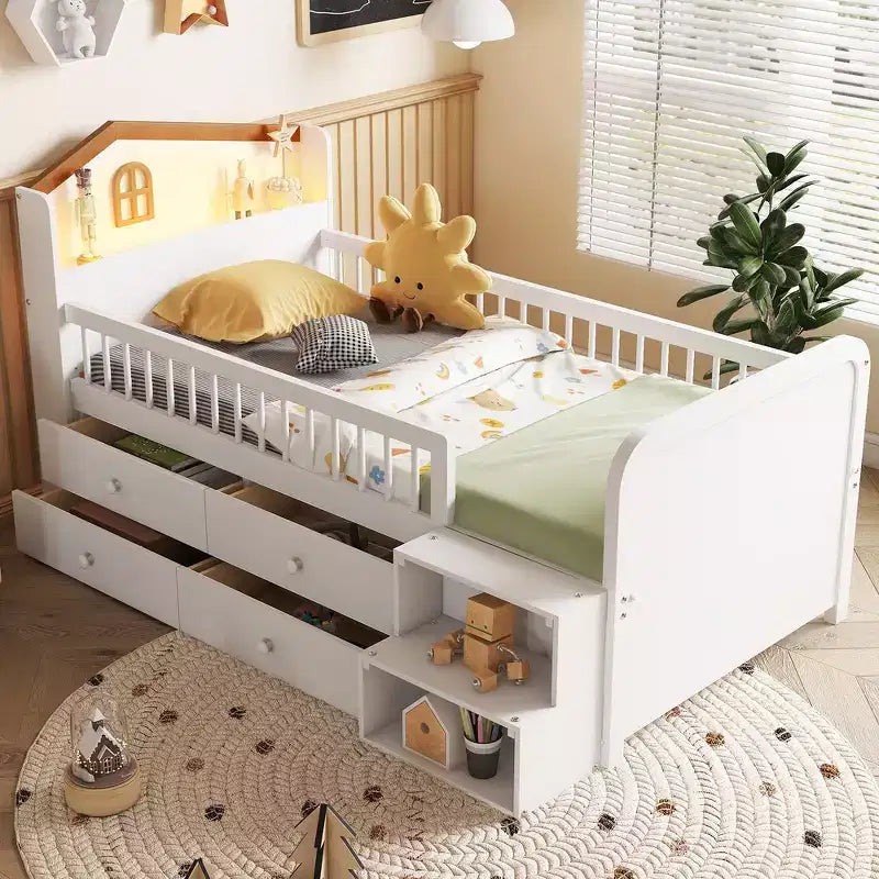 Low Twin Loft Bed with LED Lights, House Shape Headboard & Storage Drawers
