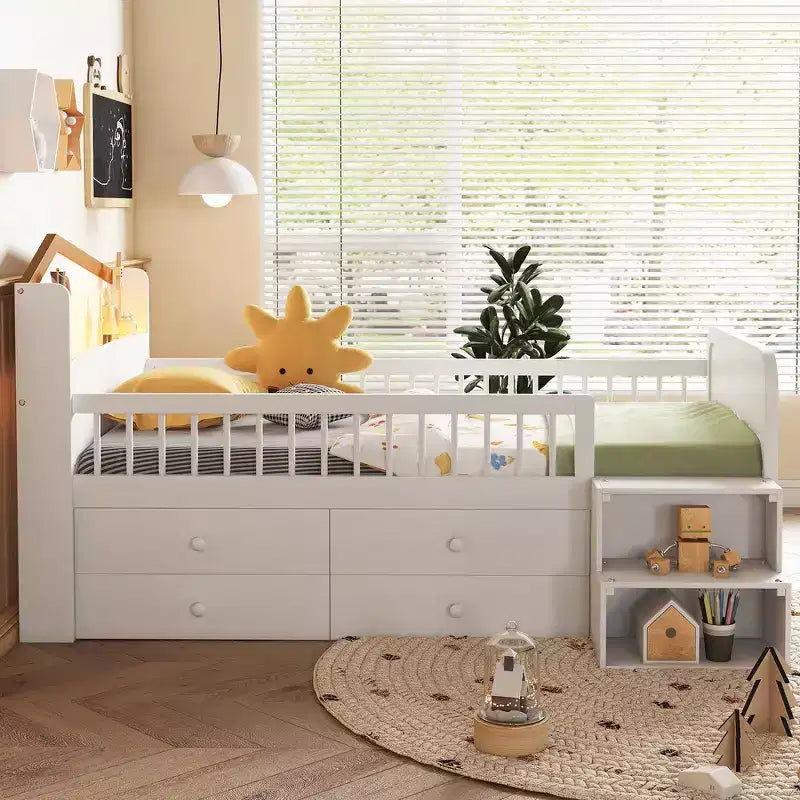 Low Twin Loft Bed with LED Lights, House Shape Headboard & Storage Drawers