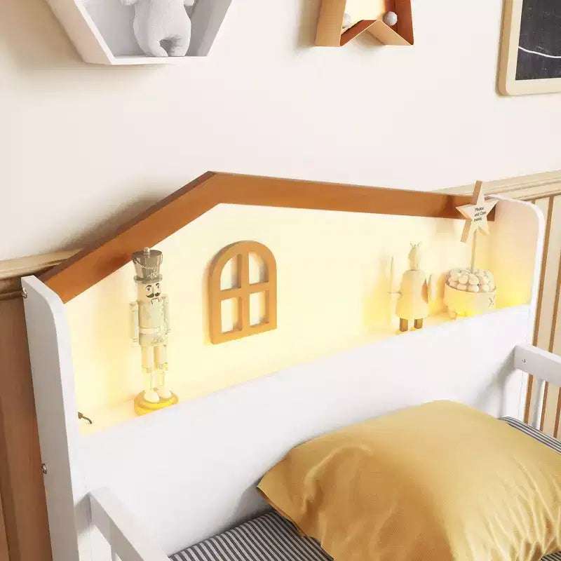 Low Twin Loft Bed with LED Lights, House Shape Headboard & Storage Drawers